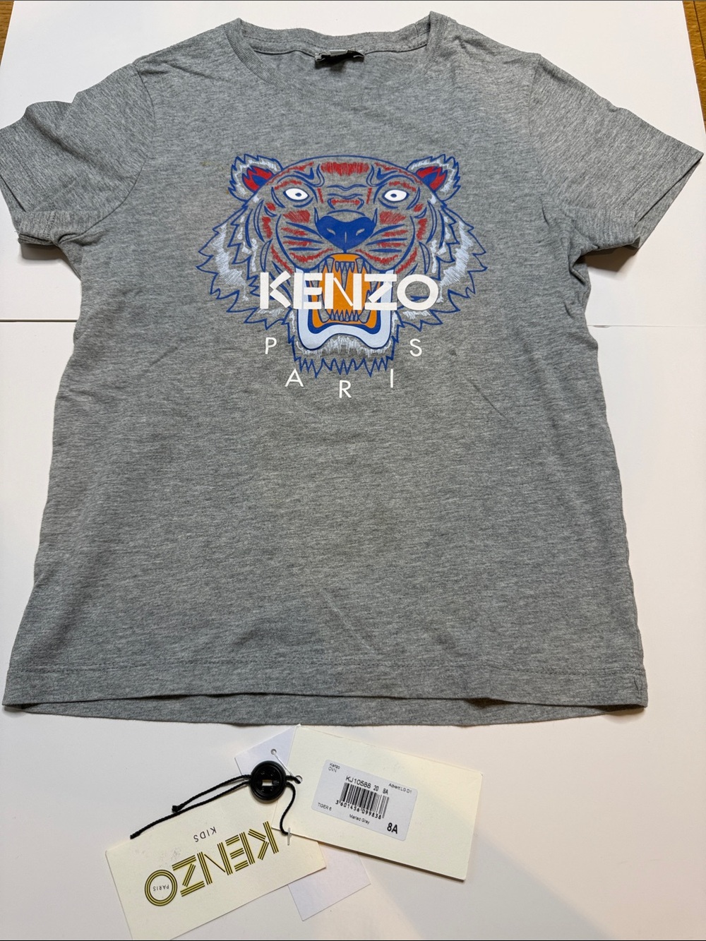 Kenzo Kids Gray Tee with Multicolor Tiger Logo